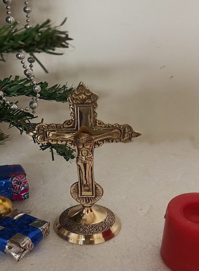 ATRANGEE Bystreet artisans Pure Brass Christian Cross Jesus Christ Tabletop Statue | Idol on Cross in Antique Finish for Prayer | Worship Home Office Decoration Golden (5 inch) - Image 5